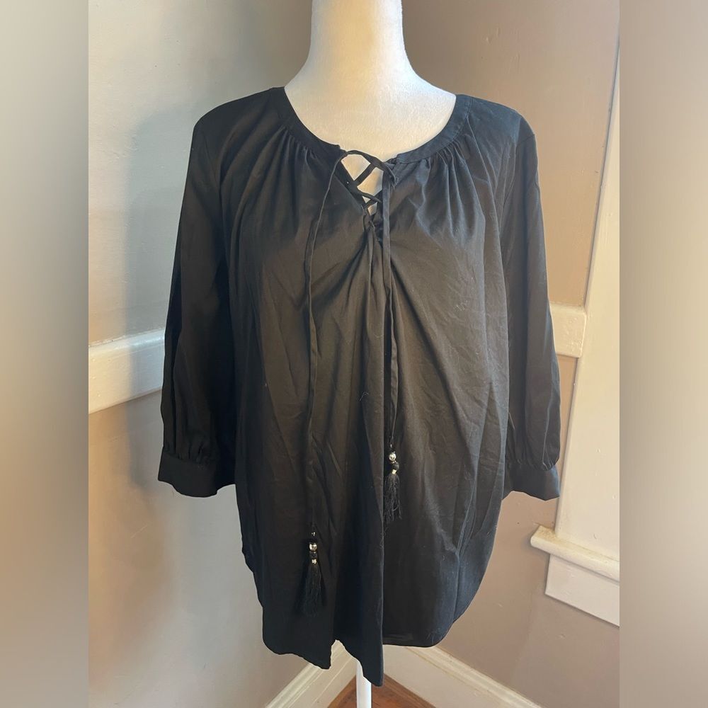 NWOT Chicos deep black cotton loose fitting top with fringe tassels 
Size: 2